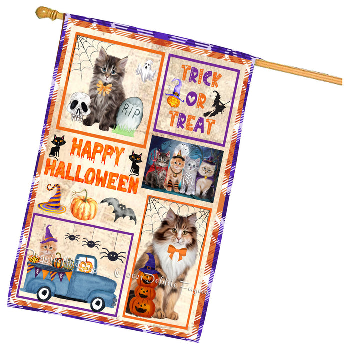 Happy Halloween Trick or Treat Siberian Cats House Flag Outdoor Decorative Double Sided Pet Portrait Weather Resistant Premium Quality Animal Printed Home Decorative Flags 100% Polyester