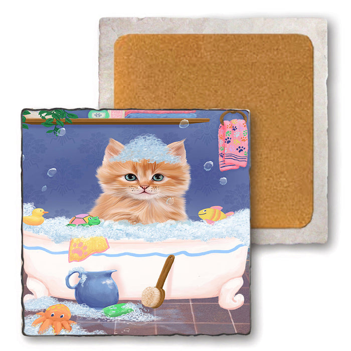 Rub A Dub Dog In A Tub Siberian Cat Set of 4 Natural Stone Marble Tile Coasters MCST52452