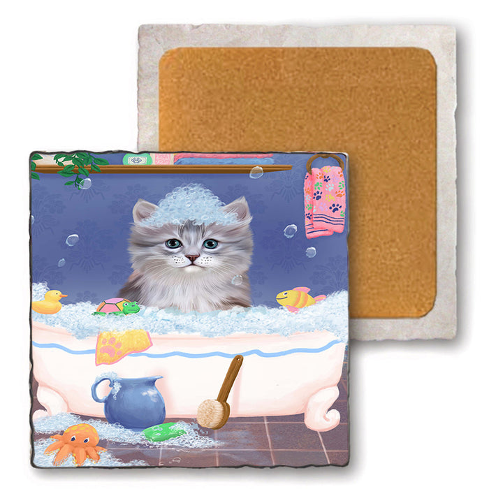 Rub A Dub Dog In A Tub Siberian Cat Set of 4 Natural Stone Marble Tile Coasters MCST52453