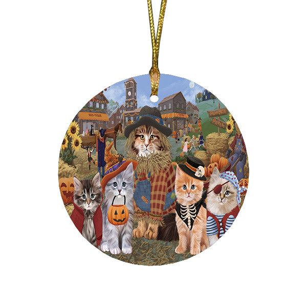 Halloween 'Round Town And Fall Pumpkin Scarecrow Both Siberian cats Round Flat Christmas Ornament RFPOR57610