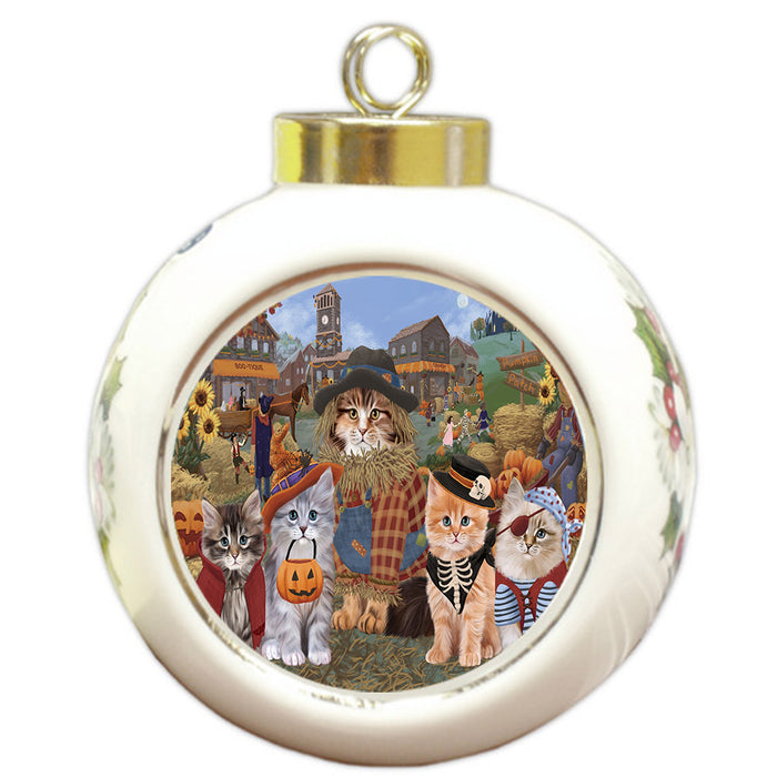 Halloween 'Round Town And Fall Pumpkin Scarecrow Both Siberian cats Round Ball Christmas Ornament RBPOR57610