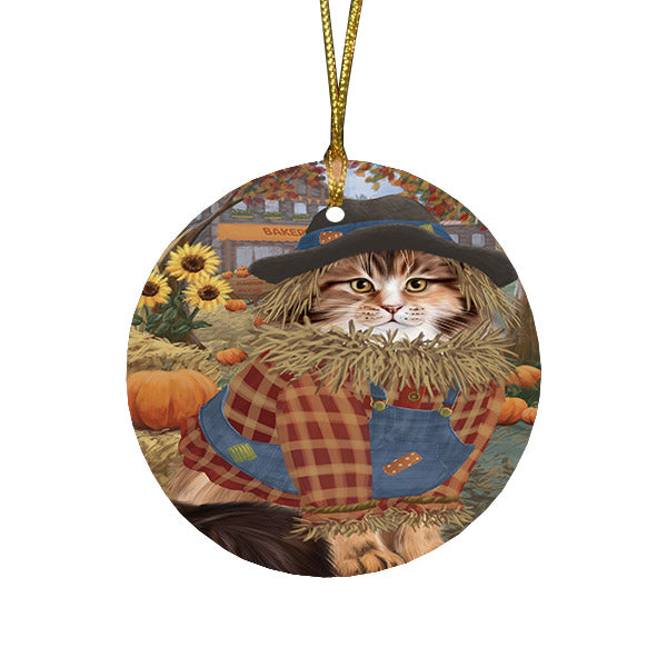 Halloween 'Round Town And Fall Pumpkin Scarecrow Both Siberian cat Round Flat Christmas Ornament RFPOR57671