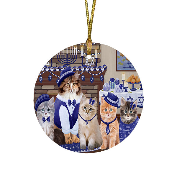 Happy Hanukkah Family and Happy Hanukkah Both Siberian cats Round Flat Christmas Ornament RFPOR57640