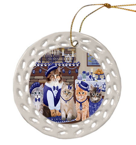 Happy Hanukkah Family Siberian Cats Ceramic Doily Ornament DPOR57736
