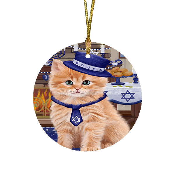 Happy Hanukkah Family and Happy Hanukkah Both Siberian cat Round Flat Christmas Ornament RFPOR57701