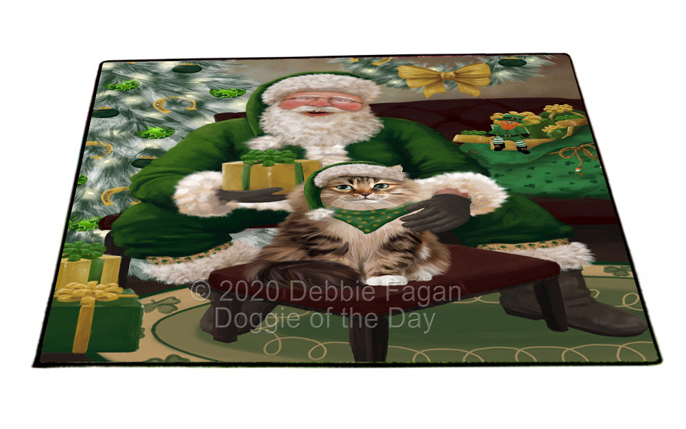 Christmas Irish Santa with Gift and Siberian Cat Indoor/Outdoor Welcome Floormat - Premium Quality Washable Anti-Slip Doormat Rug FLMS57277