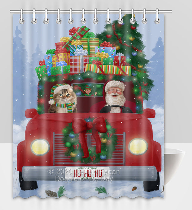 Christmas Honk Honk Red Truck Here Comes with Santa and Siberian Cat Shower Curtain Bathroom Accessories Decor Bath Tub Screens SC080