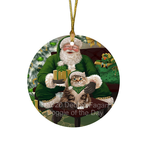 Christmas Irish Santa with Gift and Schnauzer Dog Round Flat Christmas Ornament RFPOR57966