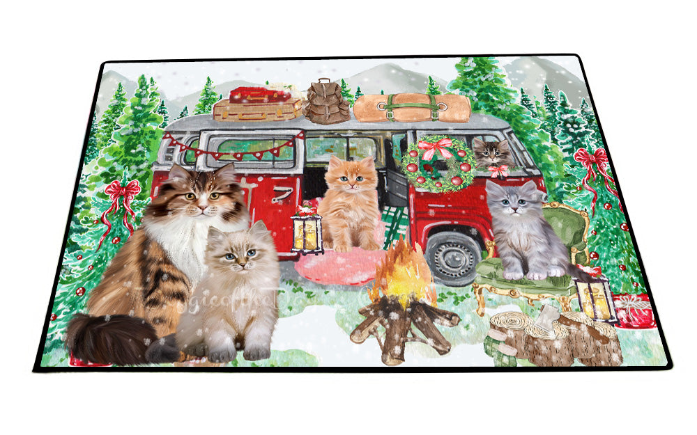 Christmas Time Camping with Siberian Cats Floor Mat- Anti-Slip Pet Door Mat Indoor Outdoor Front Rug Mats for Home Outside Entrance Pets Portrait Unique Rug Washable Premium Quality Mat