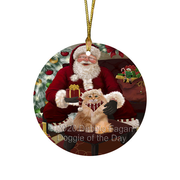 Santa's Christmas Surprise Siberian Cat Round Flat Christmas Ornament RFPOR58067
