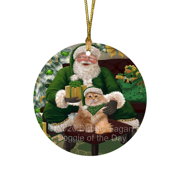 Christmas Irish Santa with Gift and Siamese Cat Round Flat Christmas Ornament RFPOR57967