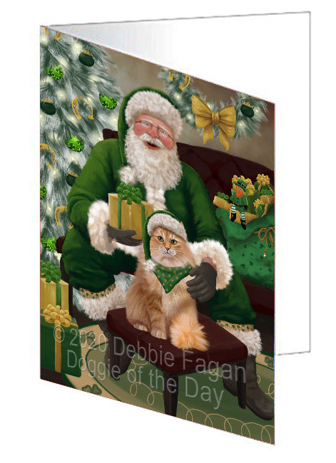 Christmas Irish Santa with Gift and Siberian Cat Handmade Artwork Assorted Pets Greeting Cards and Note Cards with Envelopes for All Occasions and Holiday Seasons GCD75977