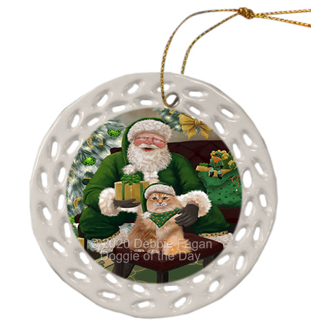 Christmas Irish Santa with Gift and Siberian Cat Doily Ornament DPOR59531