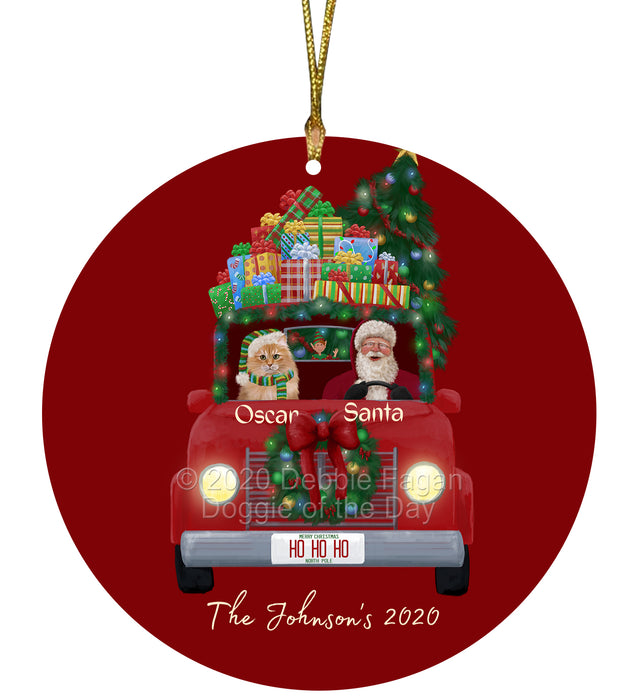 Personalized Christmas Honk Honk Red Truck Here Comes with Santa and Siberian Cat Round Flat Ornament PRBPOR59119