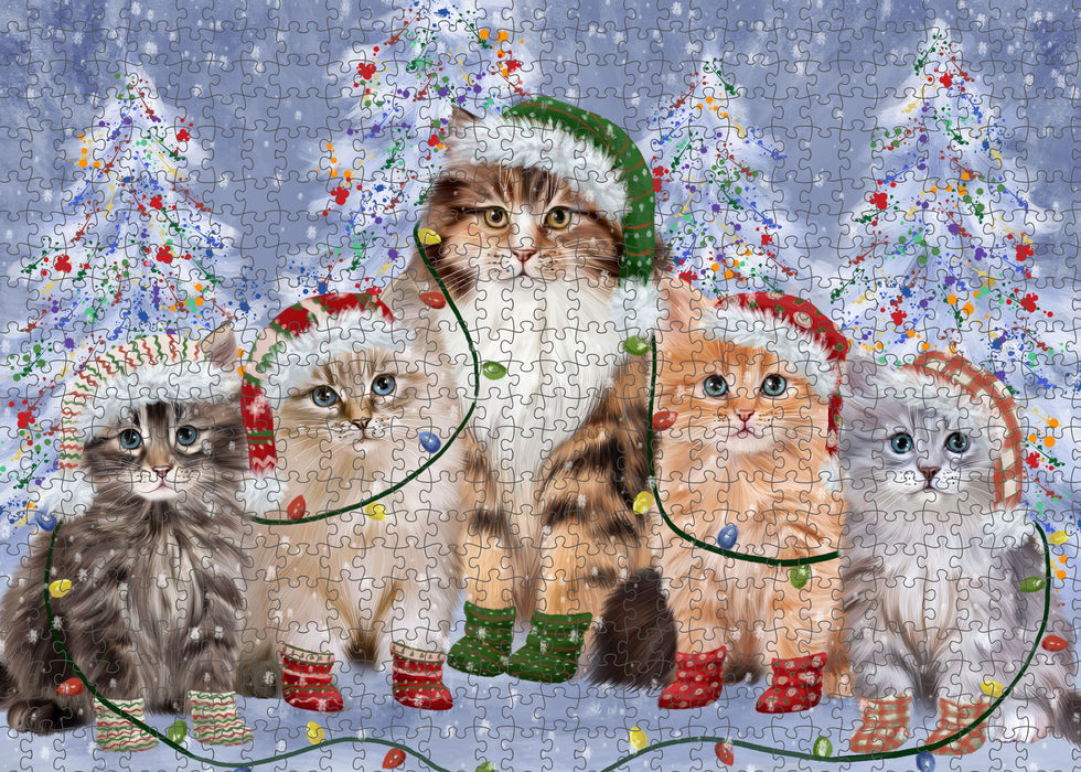 Christmas Lights and Siberian Cats Portrait Jigsaw Puzzle for Adults Animal Interlocking Puzzle Game Unique Gift for Dog Lover's with Metal Tin Box
