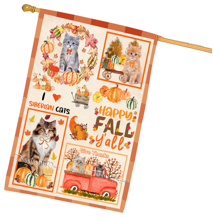 Happy Fall Y'all Pumpkin Siberian Cats House Flag Outdoor Decorative Double Sided Pet Portrait Weather Resistant Premium Quality Animal Printed Home Decorative Flags 100% Polyester