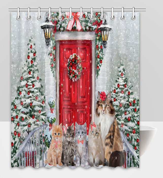Christmas Holiday Welcome Siberian Cats Shower Curtain Pet Painting Bathtub Curtain Waterproof Polyester One-Side Printing Decor Bath Tub Curtain for Bathroom with Hooks