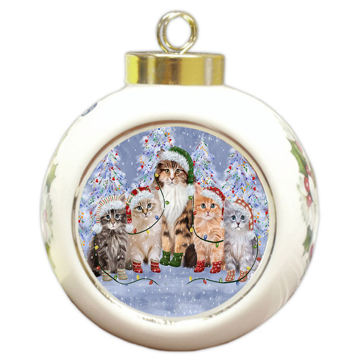 Christmas Lights and Siberian Cats Round Ball Christmas Ornament Pet Decorative Hanging Ornaments for Christmas X-mas Tree Decorations - 3" Round Ceramic Ornament
