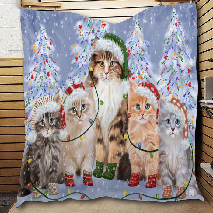 Christmas Lights and Siberian Cats  Quilt Bed Coverlet Bedspread - Pets Comforter Unique One-side Animal Printing - Soft Lightweight Durable Washable Polyester Quilt