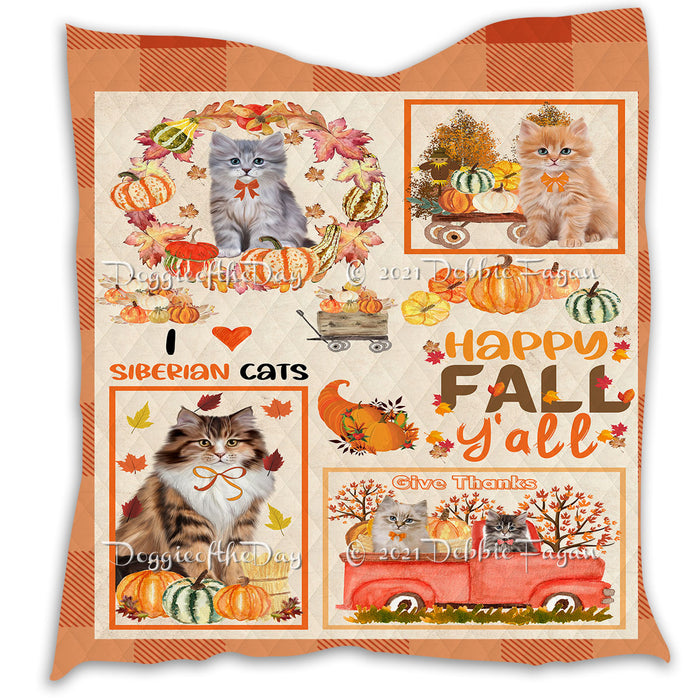 Happy Fall Y'all Pumpkin Siberian Cats Quilt Bed Coverlet Bedspread - Pets Comforter Unique One-side Animal Printing - Soft Lightweight Durable Washable Polyester Quilt