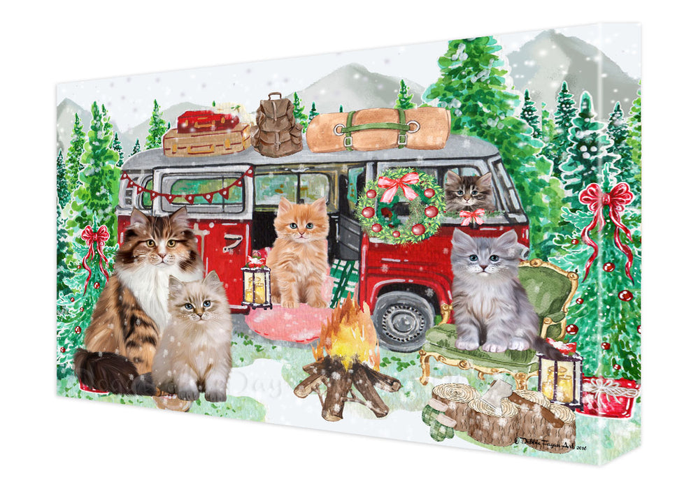 Christmas Time Camping with Siberian Cats Canvas Wall Art - Premium Quality Ready to Hang Room Decor Wall Art Canvas - Unique Animal Printed Digital Painting for Decoration