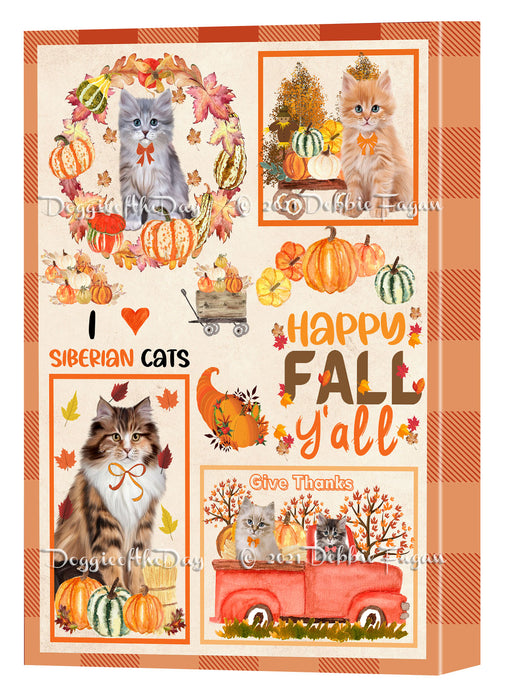 Happy Fall Y'all Pumpkin Siberian Cats Canvas Wall Art - Premium Quality Ready to Hang Room Decor Wall Art Canvas - Unique Animal Printed Digital Painting for Decoration