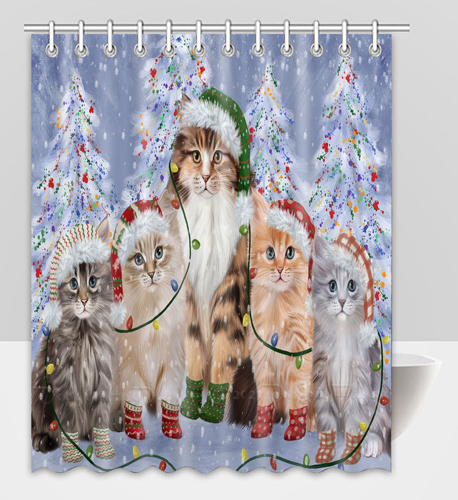 Christmas Lights and Siberian Cats Shower Curtain Pet Painting Bathtub Curtain Waterproof Polyester One-Side Printing Decor Bath Tub Curtain for Bathroom with Hooks