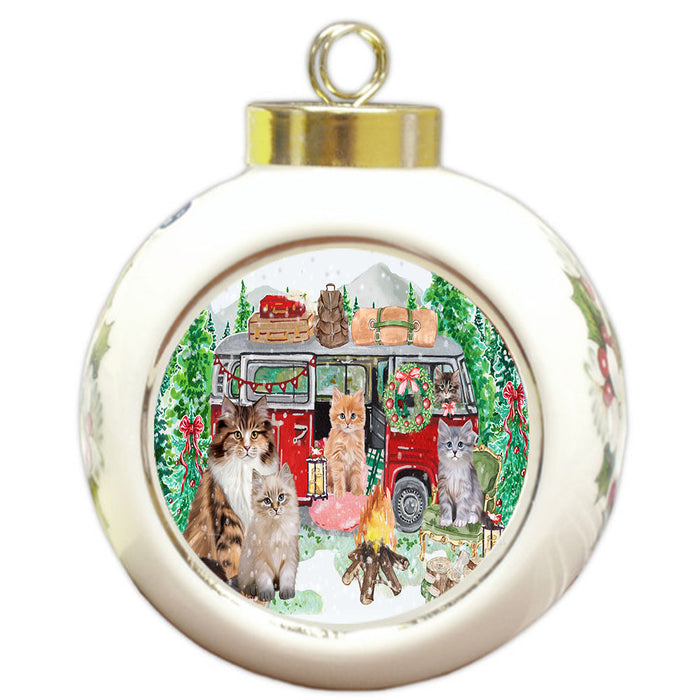 Christmas Time Camping with Siberian Cats Round Ball Christmas Ornament Pet Decorative Hanging Ornaments for Christmas X-mas Tree Decorations - 3" Round Ceramic Ornament