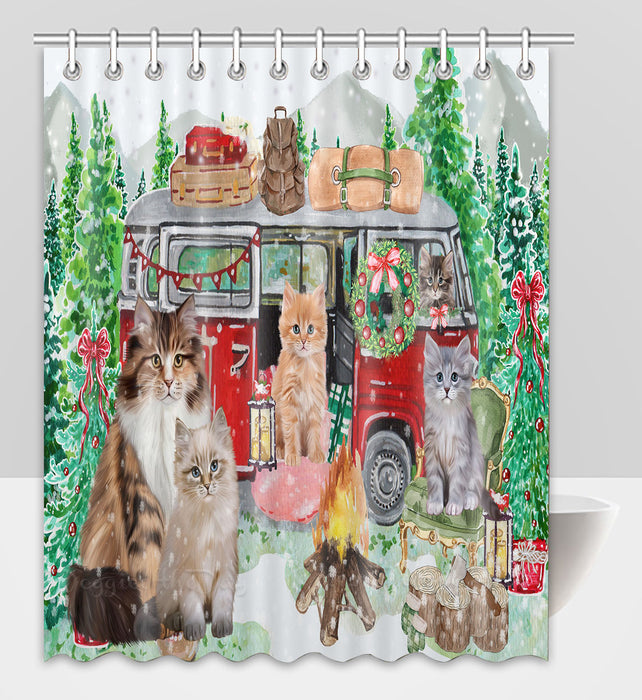 Christmas Time Camping with Siberian Cats Shower Curtain Pet Painting Bathtub Curtain Waterproof Polyester One-Side Printing Decor Bath Tub Curtain for Bathroom with Hooks