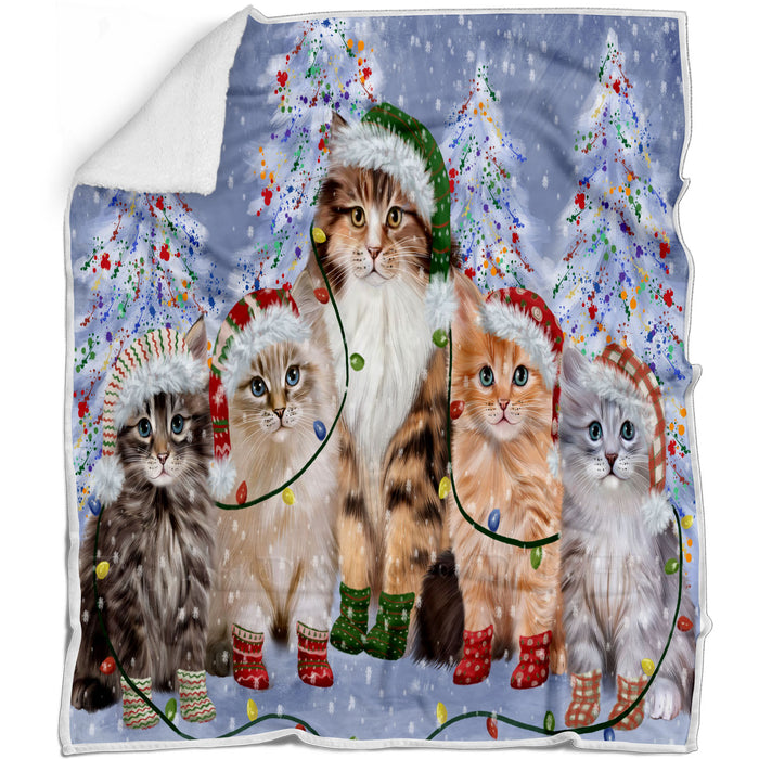 Christmas Lights and Siberian Cats Blanket - Lightweight Soft Cozy and Durable Bed Blanket - Animal Theme Fuzzy Blanket for Sofa Couch