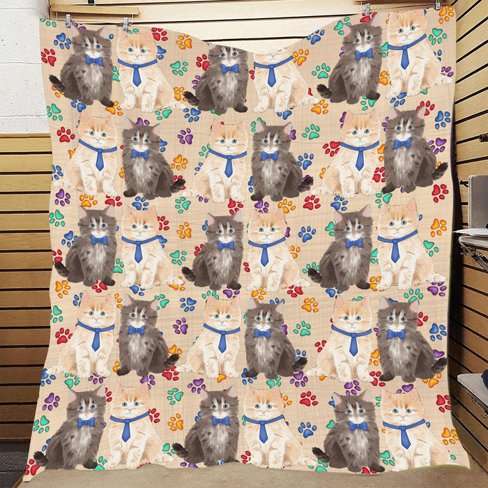 Rainbow Paw Print Siberian Cats Blue Quilt