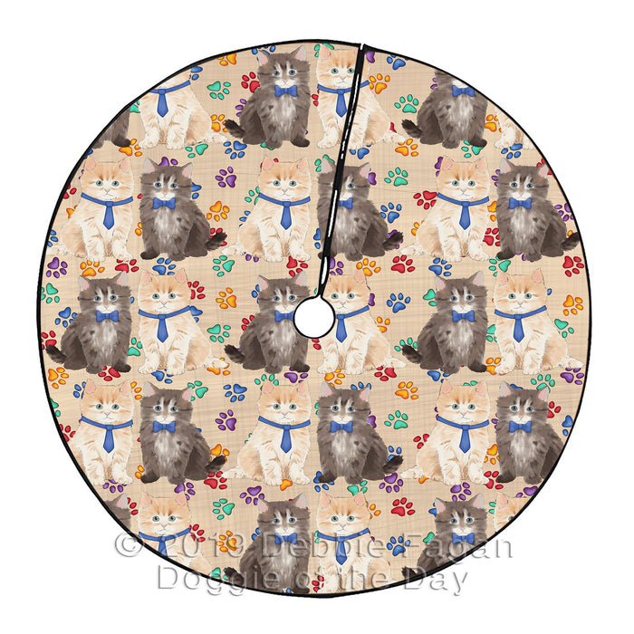 Rainbow Paw Print Siberian Cats Blue Christmas Tree Skirt
