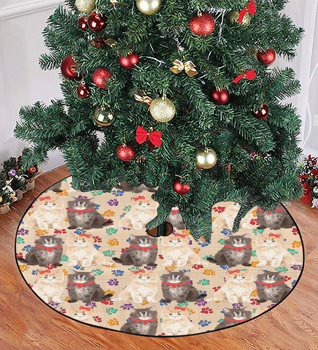 Rainbow Paw Print Siberian Cats Red Christmas Tree Skirt