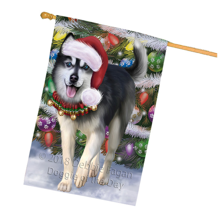 Trotting in the Snow Siberian Husky Dog House Flag FLG54923