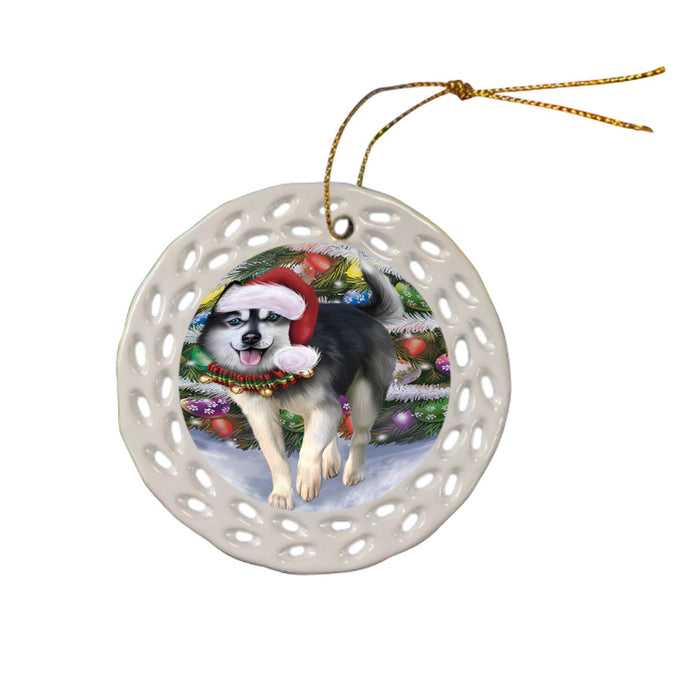 Trotting in the Snow Siberian Husky Dog Ceramic Doily Ornament DPOR54725