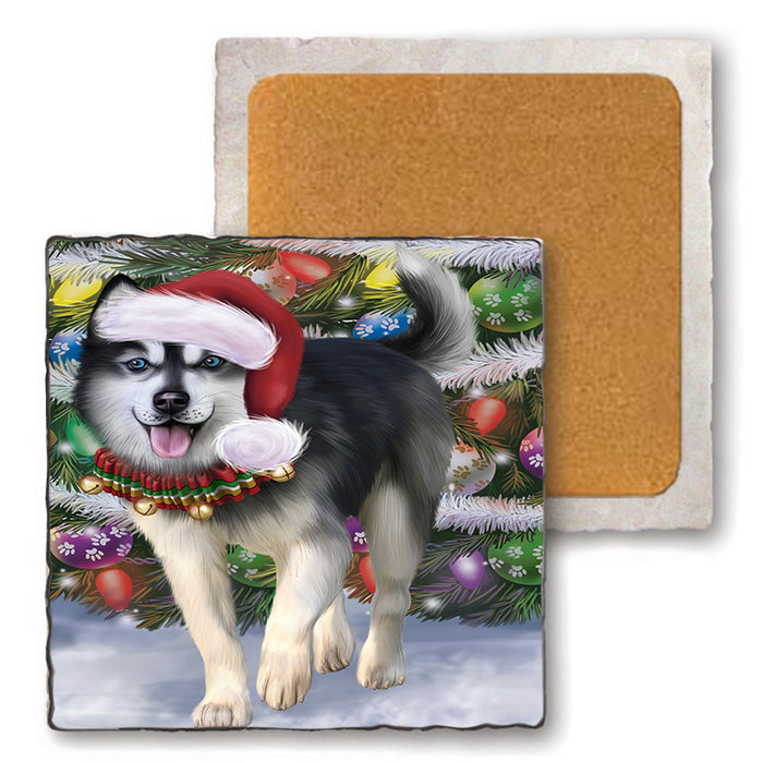 Trotting in the Snow Siberian Husky Dog Set of 4 Natural Stone Marble Tile Coasters MCST49597