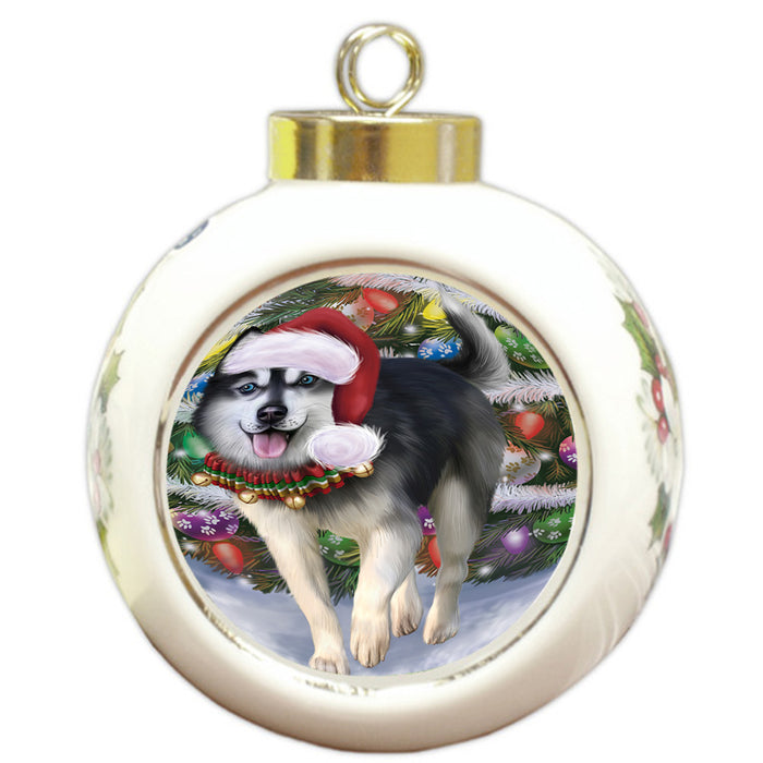Trotting in the Snow Siberian Husky Dog Round Ball Christmas Ornament RBPOR54725