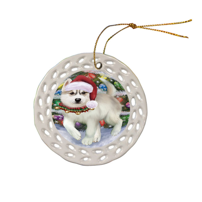 Trotting in the Snow Siberian Husky Dog Ceramic Doily Ornament DPOR54726