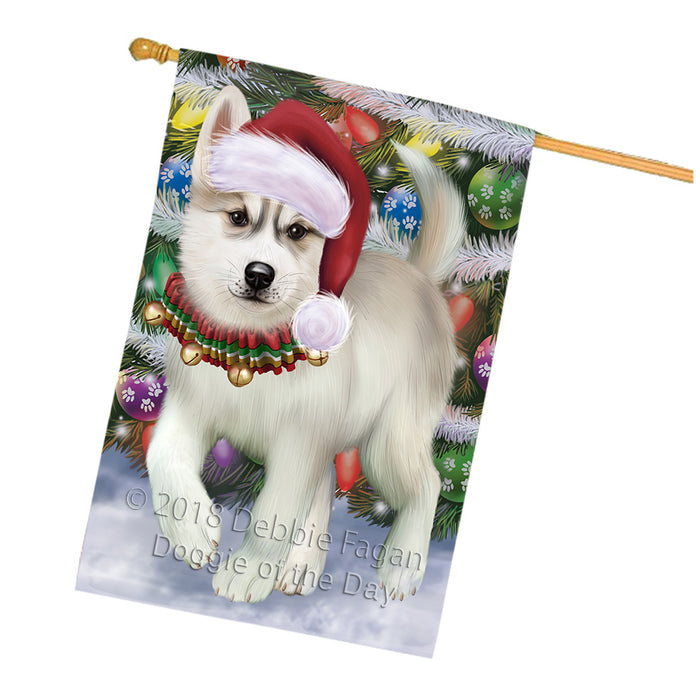 Trotting in the Snow Siberian Husky Dog House Flag FLG54924