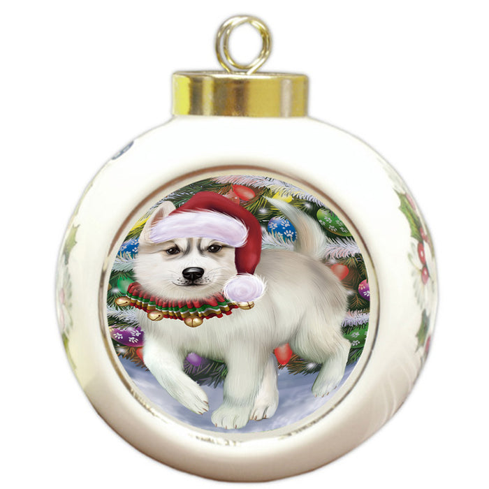 Trotting in the Snow Siberian Husky Dog Round Ball Christmas Ornament RBPOR54726
