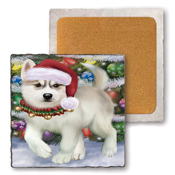 Trotting in the Snow Siberian Husky Dog Set of 4 Natural Stone Marble Tile Coasters MCST49598