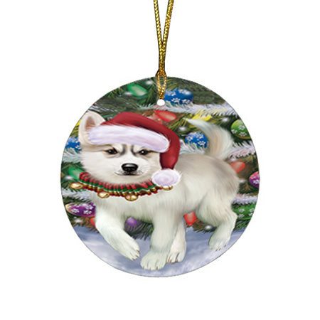 Trotting in the Snow Siberian Husky Dog Round Flat Christmas Ornament RFPOR54717