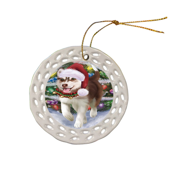 Trotting in the Snow Siberian Husky Dog Ceramic Doily Ornament DPOR54727