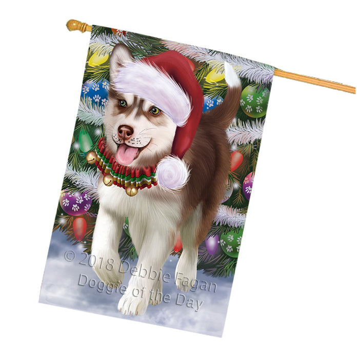 Trotting in the Snow Siberian Husky Dog House Flag FLG54925