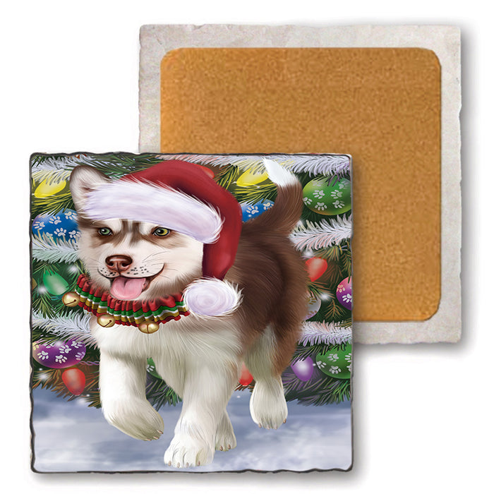 Trotting in the Snow Siberian Husky Dog Set of 4 Natural Stone Marble Tile Coasters MCST49599