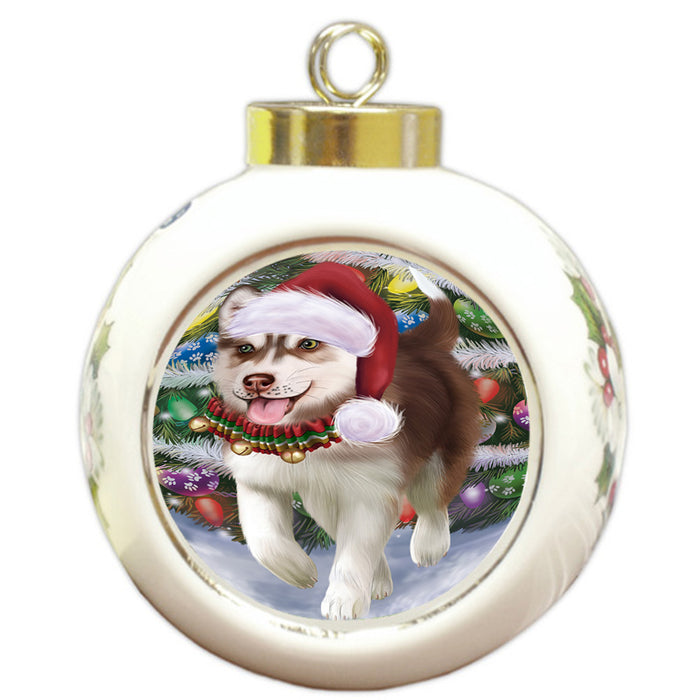Trotting in the Snow Siberian Husky Dog Round Ball Christmas Ornament RBPOR54727
