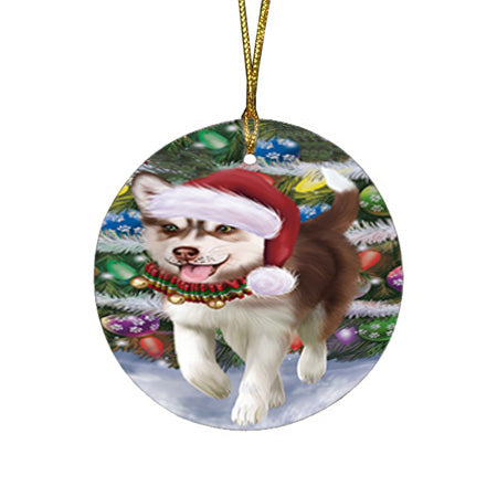 Trotting in the Snow Siberian Husky Dog Round Flat Christmas Ornament RFPOR54718