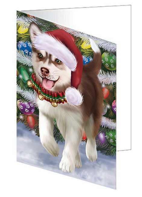 Trotting in the Snow Siberian Husky Dog Handmade Artwork Assorted Pets Greeting Cards and Note Cards with Envelopes for All Occasions and Holiday Seasons GCD68210