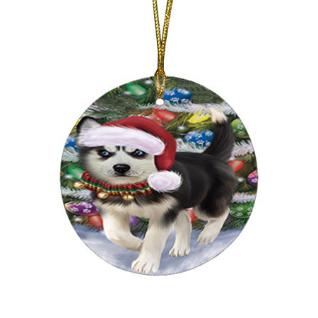 Trotting in the Snow Siberian Husky Dog Round Flat Christmas Ornament RFPOR54719