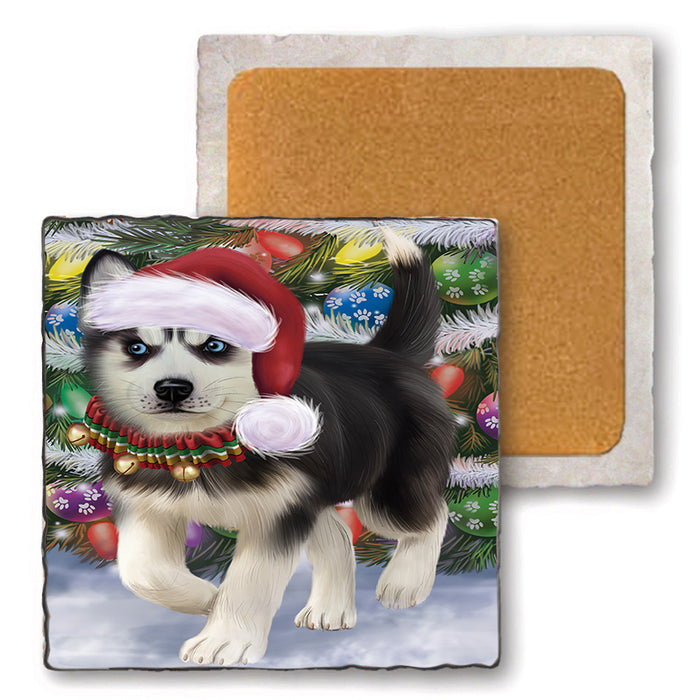 Trotting in the Snow Siberian Husky Dog Set of 4 Natural Stone Marble Tile Coasters MCST49600
